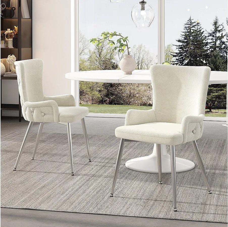Komplet 2 luksusowych krzeseł welurowych - 85 x 47 x 49 cm - z czterema srebrnymi metalowymi nogami - beżowy
