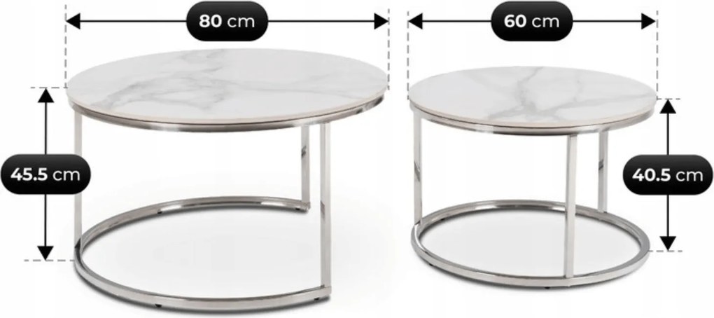 Zestaw Stolików Kawowych AMARA MAX 60 cm/80 cm Biały Marmur/Srebrny Glamour