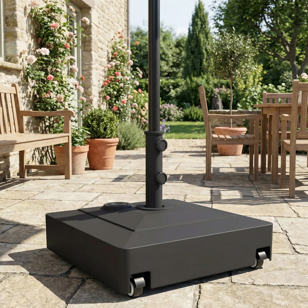 Outsunny Stojak na Parasol z Kółkami, Napełniany 61 kg Piaskiem/40 kg Wodą, Do Masztów Ø35, 38, 48 mm, Czarny | Aosom PL