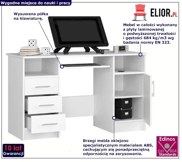 Białe duże biurko z półką na klawiaturę i szufladami - Delian 3X