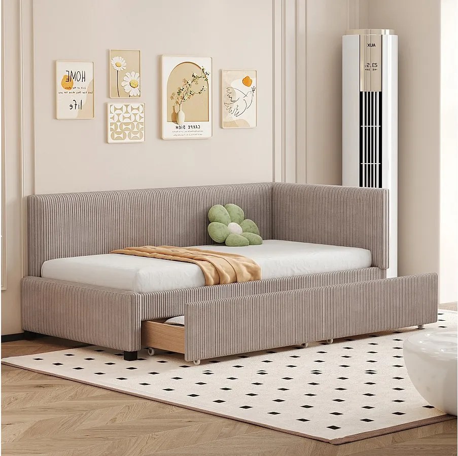 Łóżko tapicerowane 90 x 200 cm z wezgłowiem i 2 szufladami - Aksamit - Sofa rozkładana - Stelaż listwowy - Szary