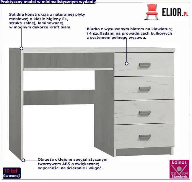 Biurko z szufladami w dekorze kraft biały - Filin 16X