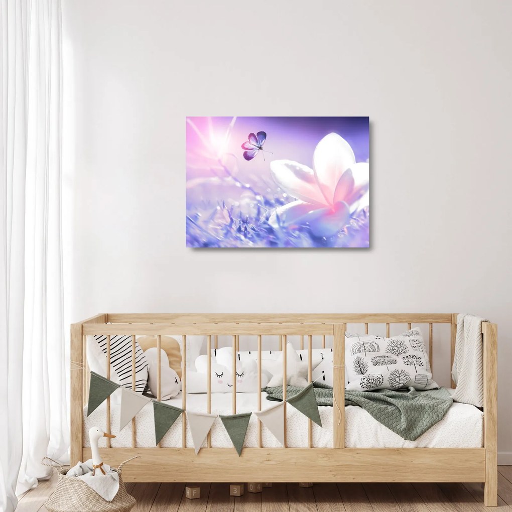 Obraz na szkle - Motyl lecący do kwiatu (70x50 cm)