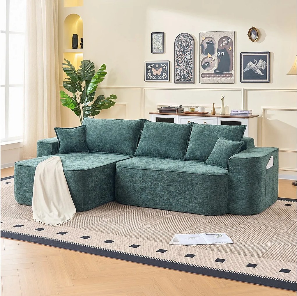 Modułowa kanapa narożna lewa - Chenille Zielony - 3 poduszki i 2 podgłówki - 262x144x65cm
