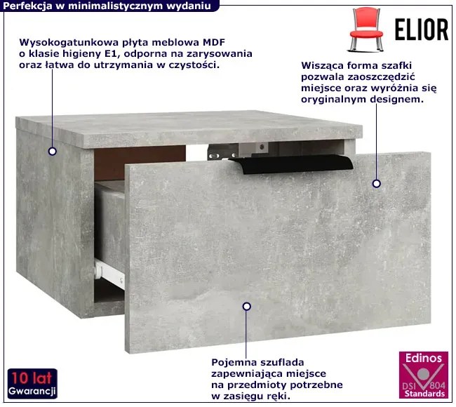 Wisząca szafka nocna z szufladą w kolorze betonu Wajos 14X