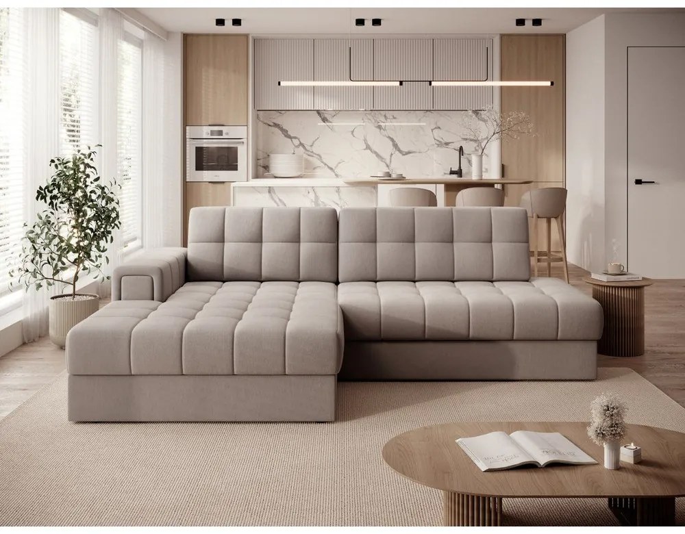 Beżowy aksamitny rozkładany narożnik (lewostronny/z szezlongiem) Blezalt – ELTAP