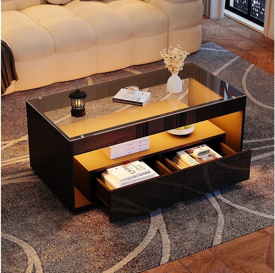 Czarny stolik kawowy, prostokątny stolik kawowy z oświetleniem LED i 2 szufladami, szklany blat