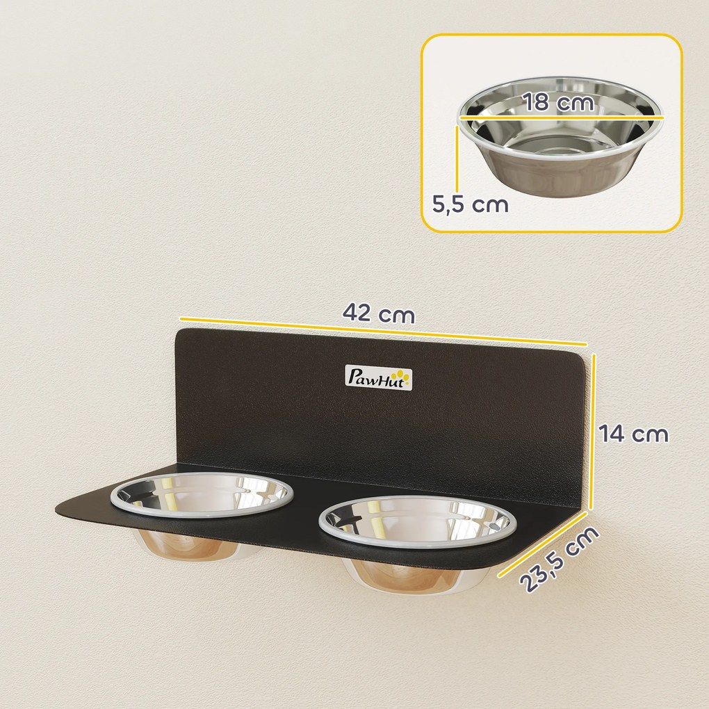 PawHut Miska dla psa regulowana wysokość ścienna z 2 x 800 ml miskami 42 x 23,5 x 14 cm Czarny | Aosom PL