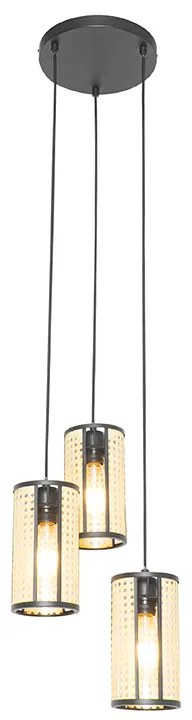 Orientalna lampa wisząca czarna z rattanu 3-światłowa okrągła - Akira Retro Oswietlenie wewnetrzne