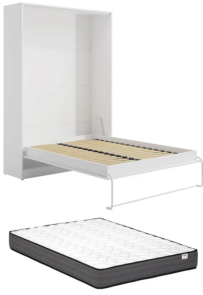 Łóżko chowane w ścianie w ścianę 140 x 200 cm - Otwieranie pionowe ręczne - Białe + Materac - BEGANIO
