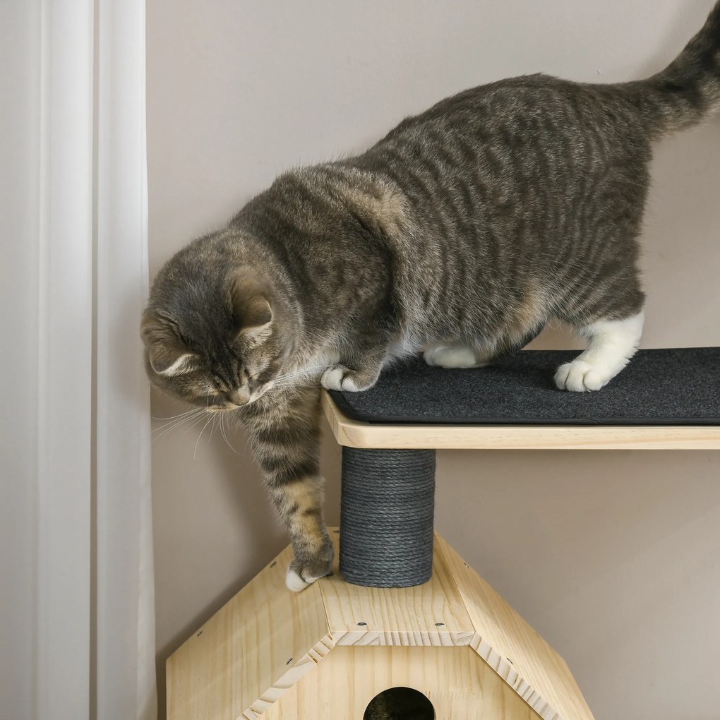 PawHut Drapak dla kota z kołowrotkiem 4-poziomowe drzewo dla kota domek dla kota z sizalowymi słupkami lite drewno