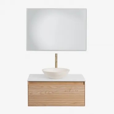 Zestaw Wiszących Mebli Łazienkowych Z Drewna Jesionowego Tedrik Popielaty Brąz & Cement Okrągły Biały - Sklum