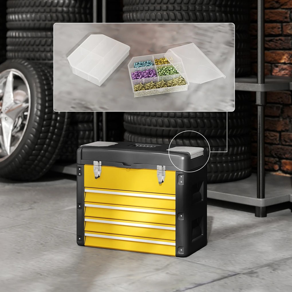 HOMCOM Pusta skrzynka na narzędzia, 49,7 x 25,3 x 40,7 cm, kufer z 4 szufladami, mini-pojemnik, stal, żółta | Aosom PL