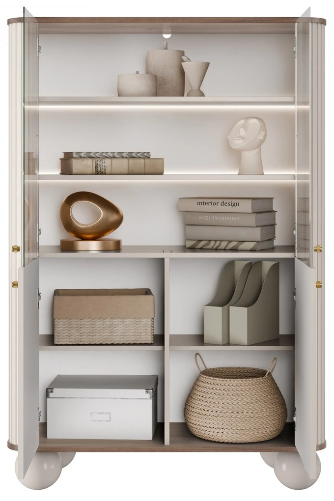 Witryna Vesper 103 cm czterodrzwiowa - kaszmir / orzech / złote uchwyty / nogi kule