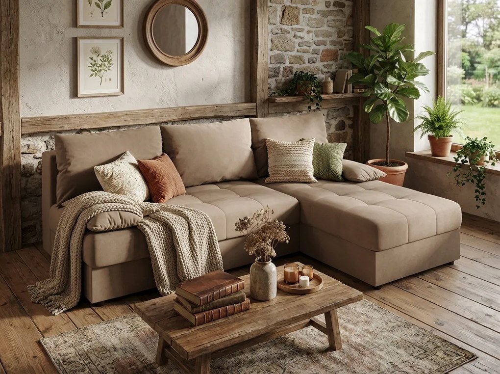 Rozkładana narożna sofa VENORIA SLIM 200x143 cm, beżowa, uniwersalna + 2 poduszki GRATIS