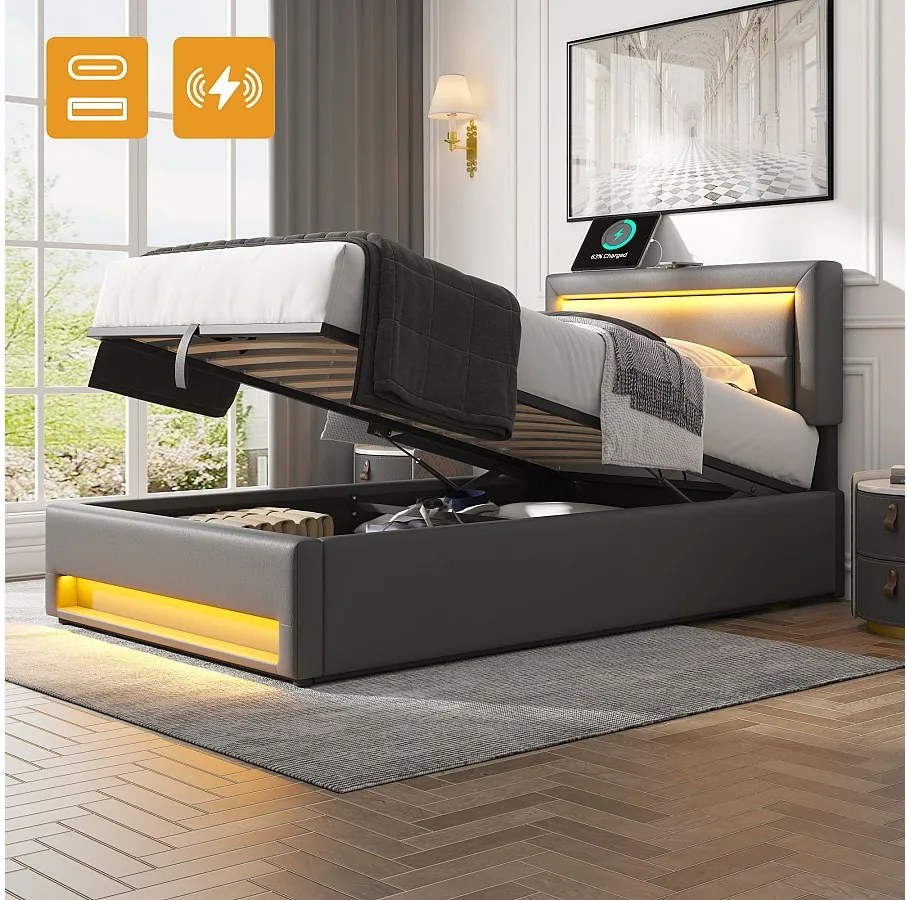 Łóżko z pojemnikiem 90 x 190 cm i zagłówkiem - diody LED i porty USB - skóra ekologiczna - kolor szary (bez materaca)