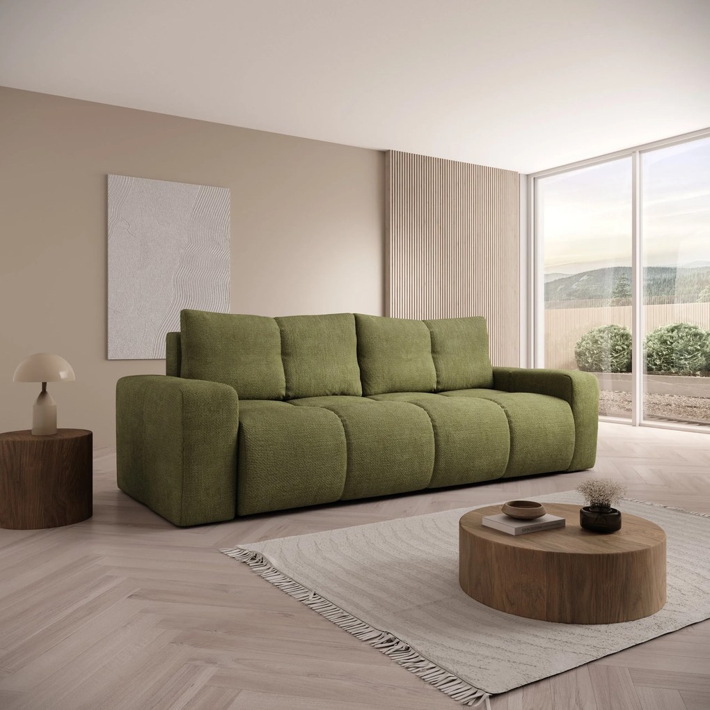 Masseno Sofa DUCA z funkcją spania i pojemnikiem na pościel, Rozkładana sofa - Oliwkowy, FLOW 12