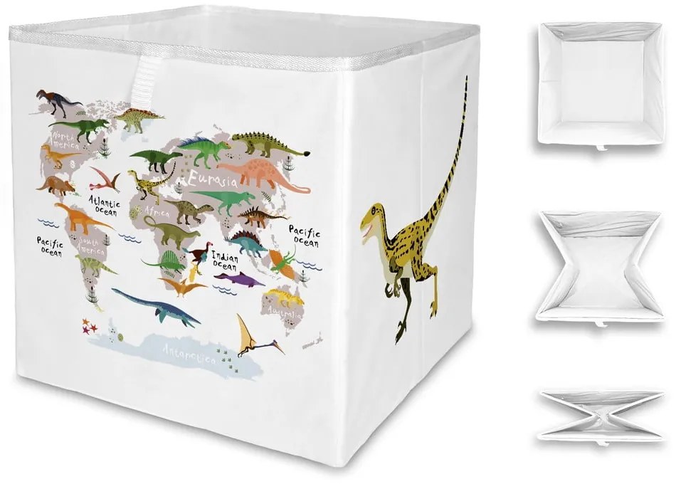 Biały tekstylny dziecięcy pojemnik na zabawki 32x32x32 cm Dino World Map – Butter Kings