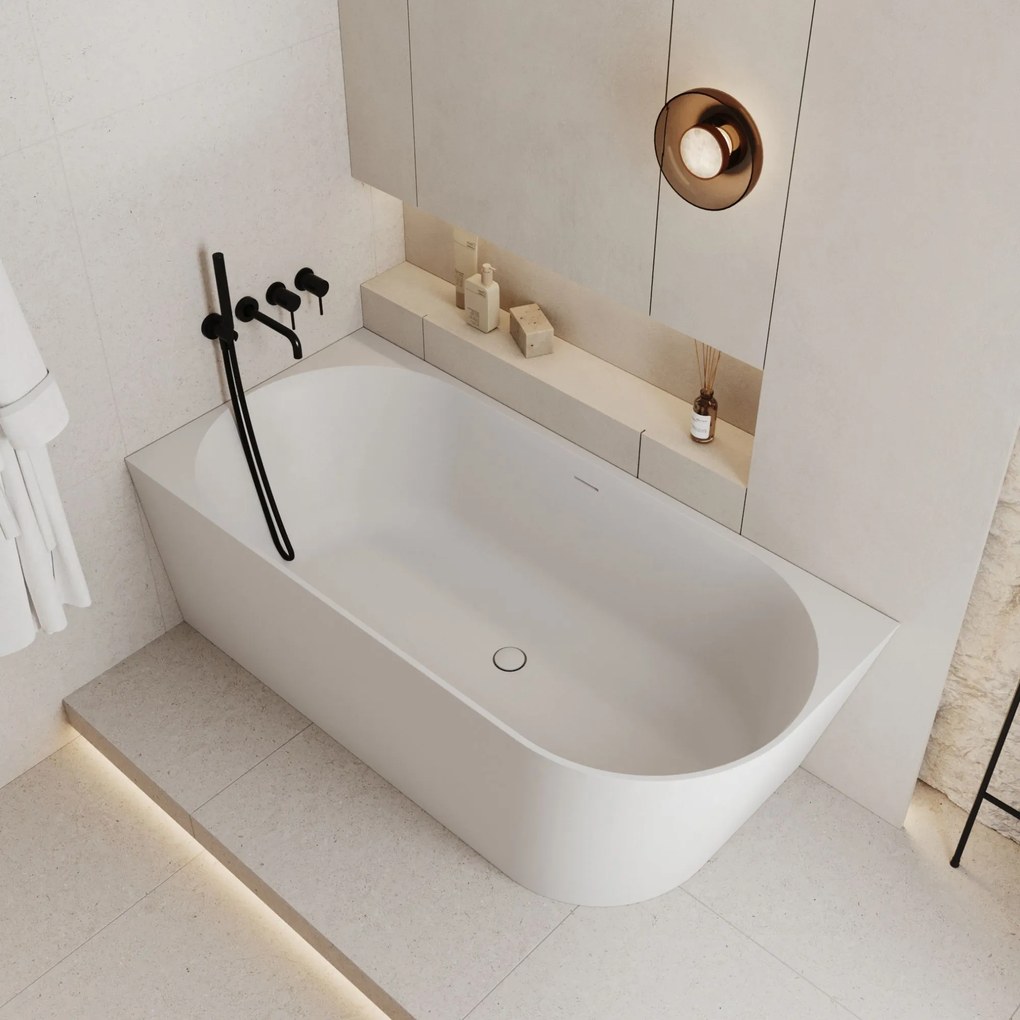 Wanna wolnostojąca narożna WALL Beige Glow / Matt lewa z konglomeratu beżowa błyszcząca/matowa 160 x 75 cm z przelewem typu SLIM : Kolor wanny - Biały matowy