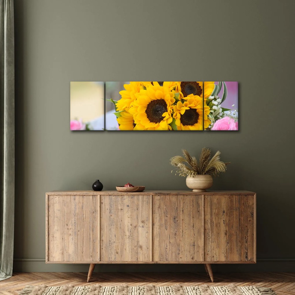 Obraz bukietu ślubnego ze słoneczników (170x50 cm)