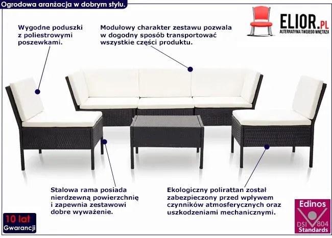 Zestaw czarnych mebli ogrodowych z jasnymi poduszkami Biały