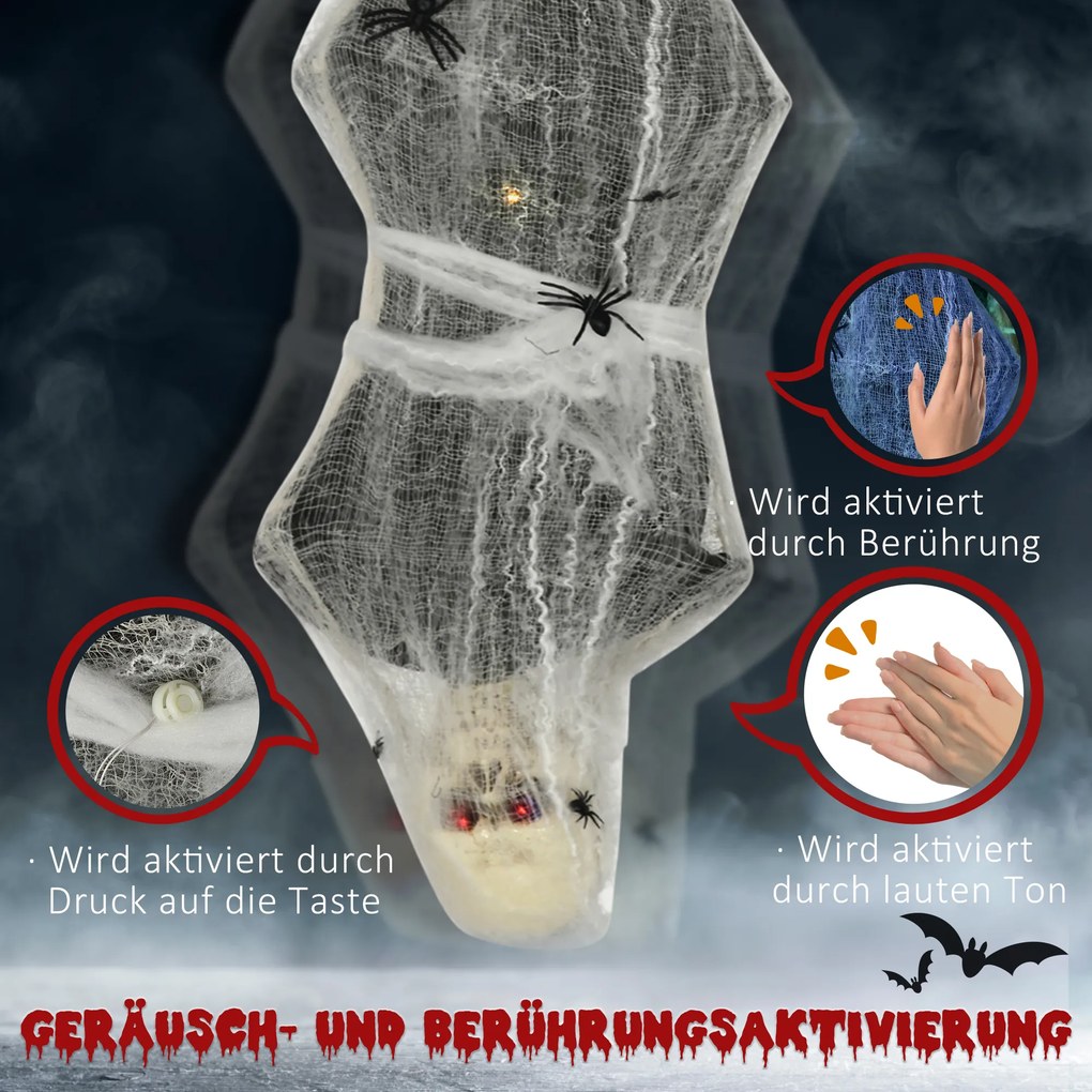 HOMCOM Halloween Mumia, Dekoracja z Efektem Dźwiękowym, z Sensorem Ruchu i LED, 60 cm x 16 cm x 170 cm