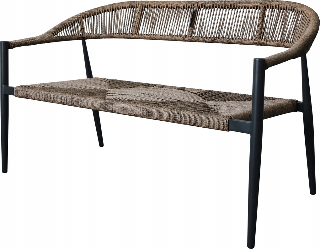 Zestaw mebli ogrodowych pleciony beżowy rama szara ławka, 2 krzesła, stolik