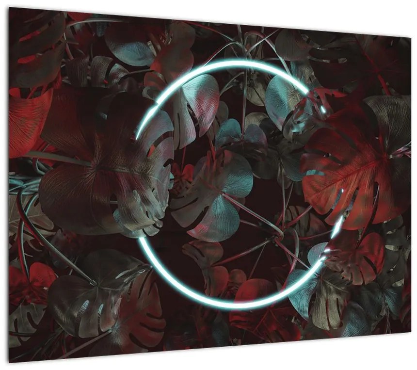 Obraz na szkle - Neonowe koło między palmami (70x50 cm)