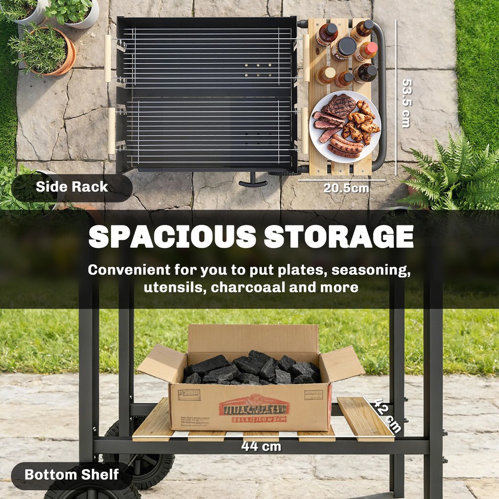 Outsunny Grill na węgiel drzewny z 4-stopniową regulacją wysokości rusztu, 2 drewniane półki, 2 kółka, tacka na popiół, 99,5 x 58 x 82 cm | Aosom PL