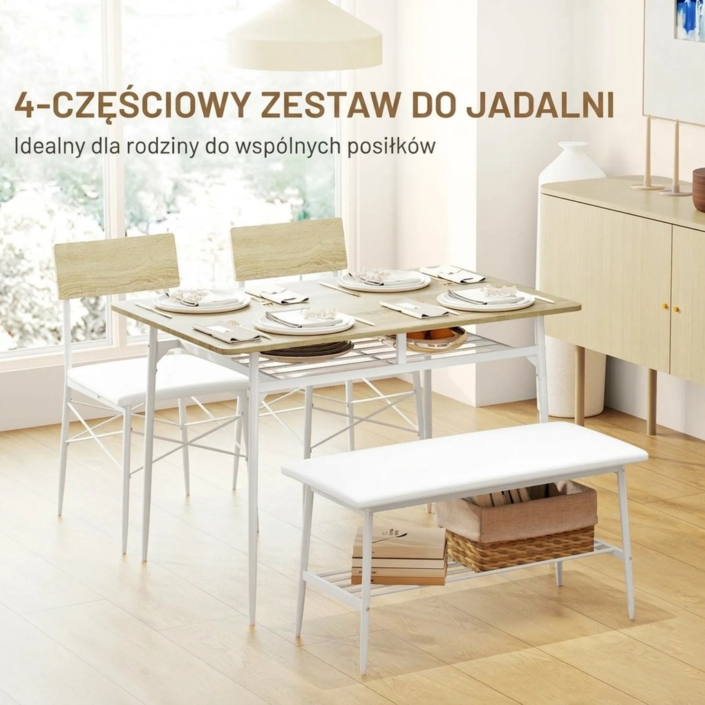 HOMCOM 4-częściowy zestaw stołowy z krzesłami i ławką na 4 osoby, siedzenia tapicerowane, stalowy stelaż, drewno, Biały