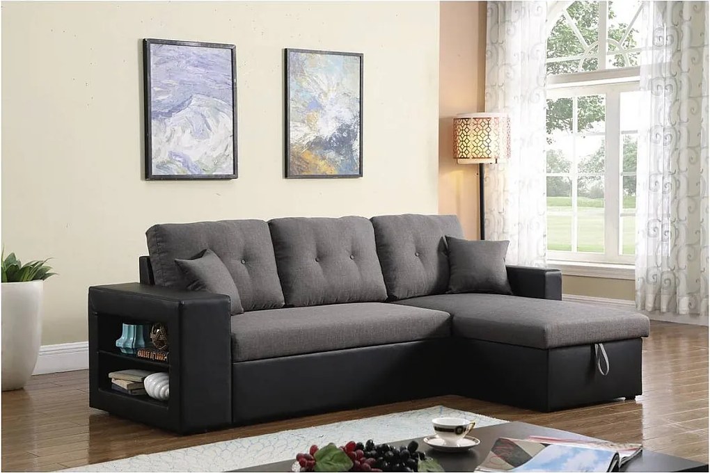 Kanapa narożna rozkładana "Axel" - Możliwość zmiany położenia narożnika (prawostronny lub lewostronny) - 3 miejsca - Czarno-szara