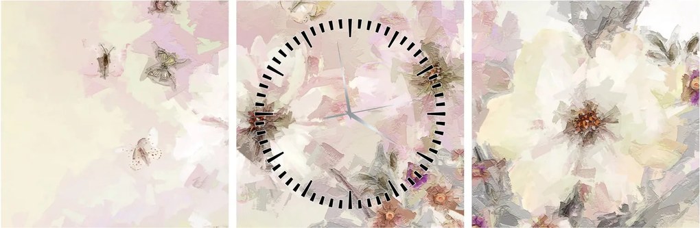 Obraz - Kwiaty malarstwo (z zegarem) (90x30 cm)