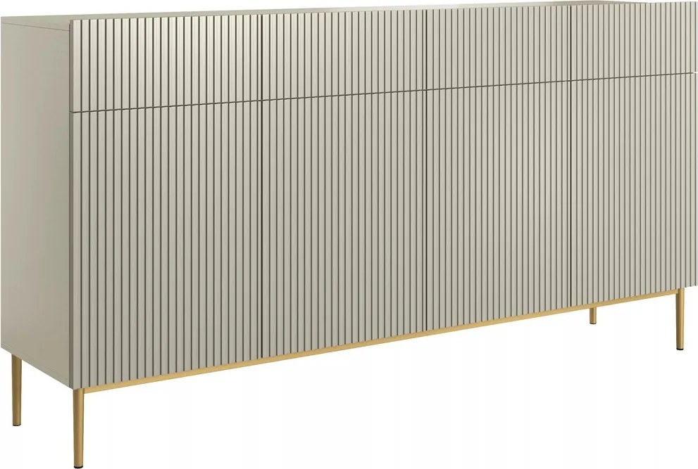 Komoda czterodrzwiowa Nicole 200 cm z szufladami z ryflowanym frontem - kaszmir / złote nóżki