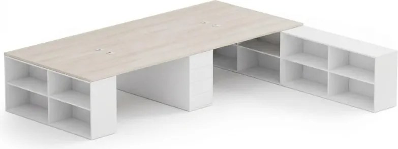 Zestaw biurek biurowych BLOCK B05, 4 stanowiska z przestrzenią do przechowywania, 360 × 320 cm, biały/dąb naturalny