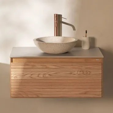 Zestaw Wiszących Mebli Łazienkowych Z Drewna Jesionowego Tedrik Popielaty Brąz & Cement - Sklum