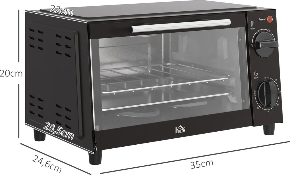 HOMCOM Mini-Piekarnik, 9 litrów pojemności, regulowana temperatura i czas pieczenia, z rusztem i blachą, czarny