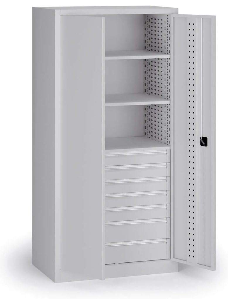 Szafa warsztatowa na narzędzia KOVOS, 3 półki, 7 szuflad, perforowana, 950 x 600 x 1950 mm, szary