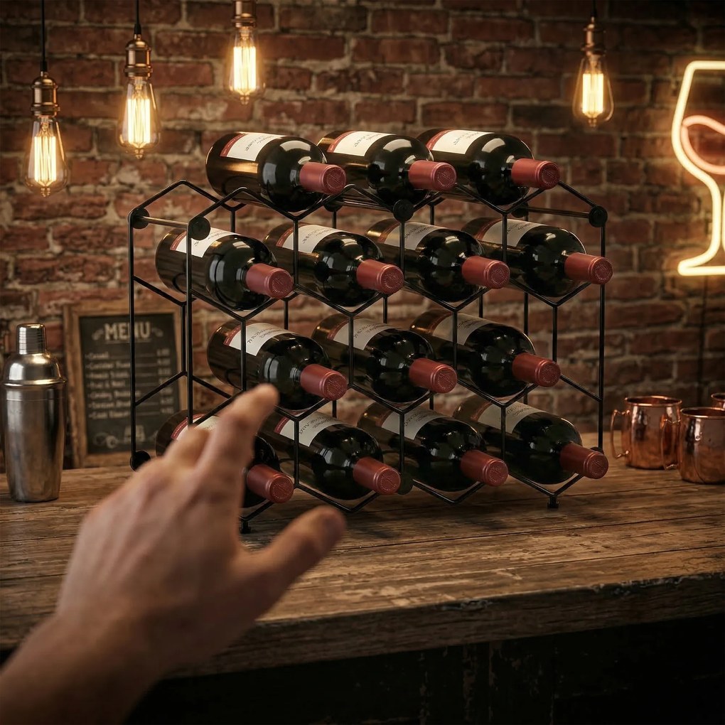 HOMCOM Stojak na wino na 13 butelek z designem plastra miodu, regulowanymi nóżkami, zabezpieczeniem przed przewróceniem, metalowy, 43 x 15,5 x 31 cm, czarny | Aosom PL