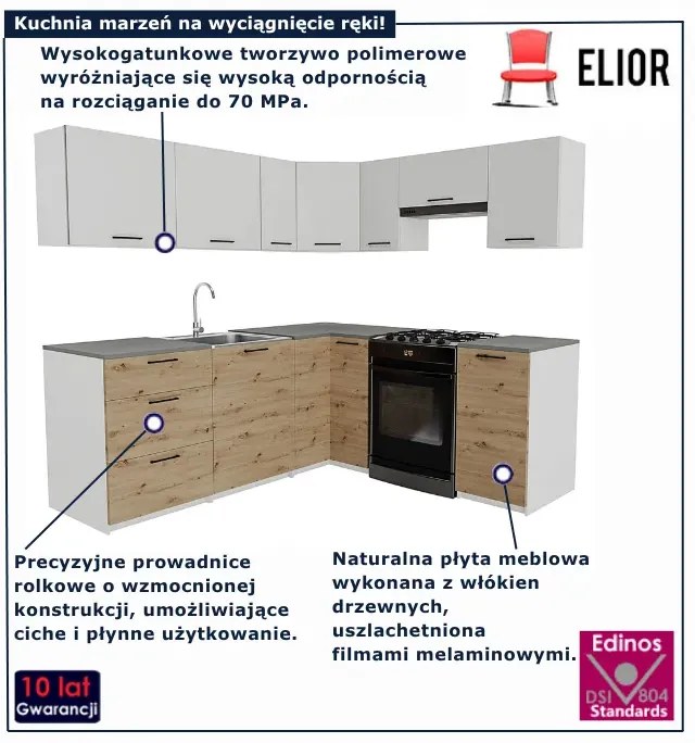 Narożny zestaw mebli do kuchni dąb artisan + biały R6-E04