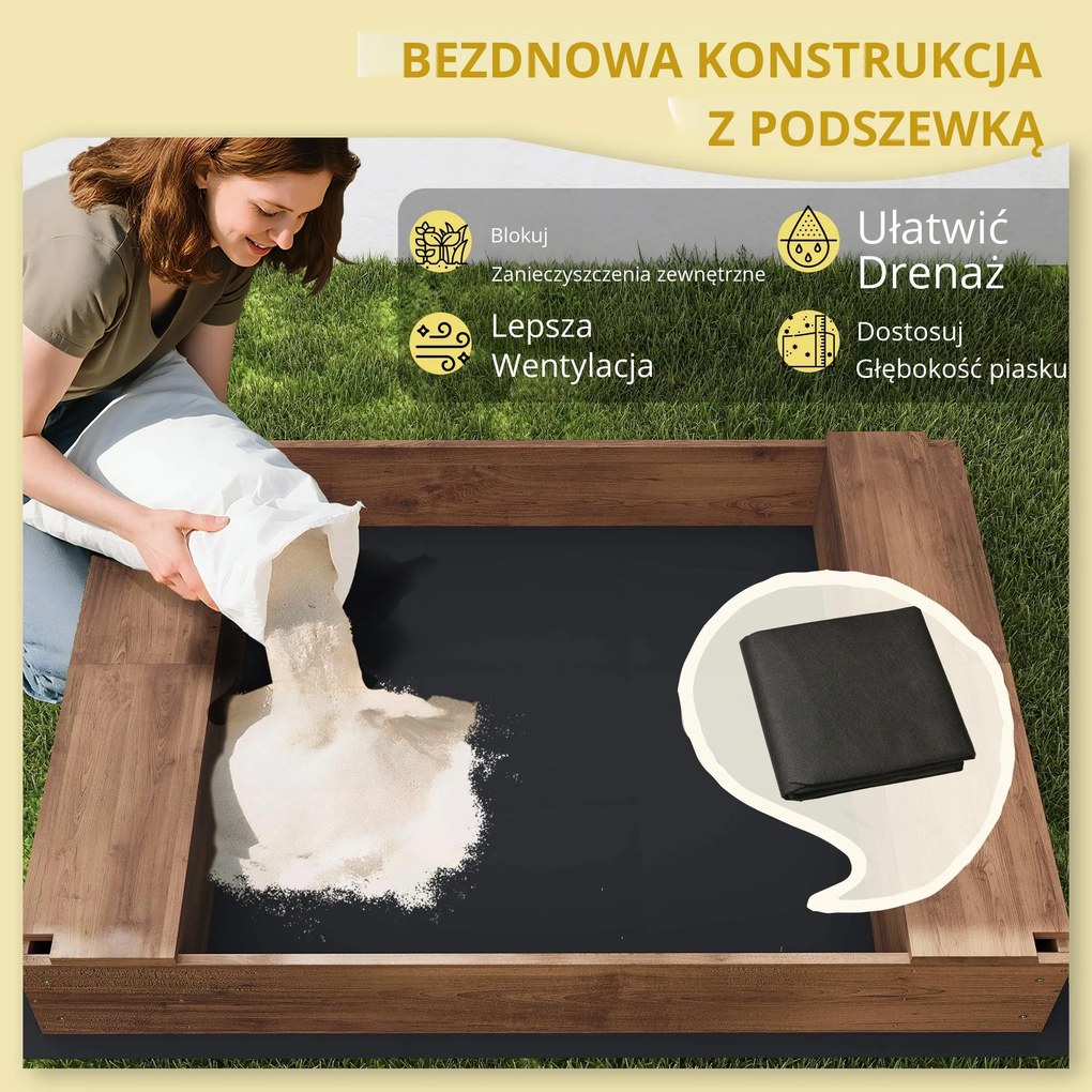 Piaskownica AIYAPLAY, drewniana skrzynia z baldachimem i siatkowymi drzwiami, ławki, ochraniacz podłogi, kolor brązowy