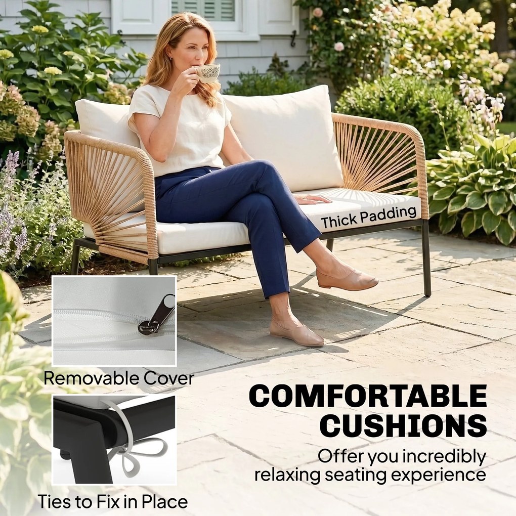 Outsunny Zestaw Mebli Ogrodowych dla 4 Osób z Sofą, 2 Fotelami, Stolik Kawowy z Lamellami, Zdejmowane Poduszki | Aosom PL