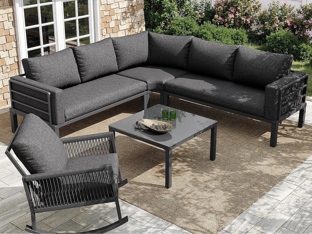 Modułowy Salon Ogrodowy 6 Osób z Kanapą Narożną i Fotelem Bujanym - Konstrukcja Metalowa i Pleciony Sznur - Stół Szklany - Szary