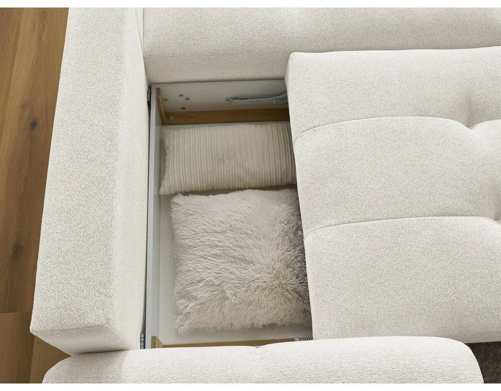 Biały rozkładany narożnik z tkaniny szenilowej ze schowkiem (prawostronny/z szezlongiem) Roxelane – Bobochic Paris