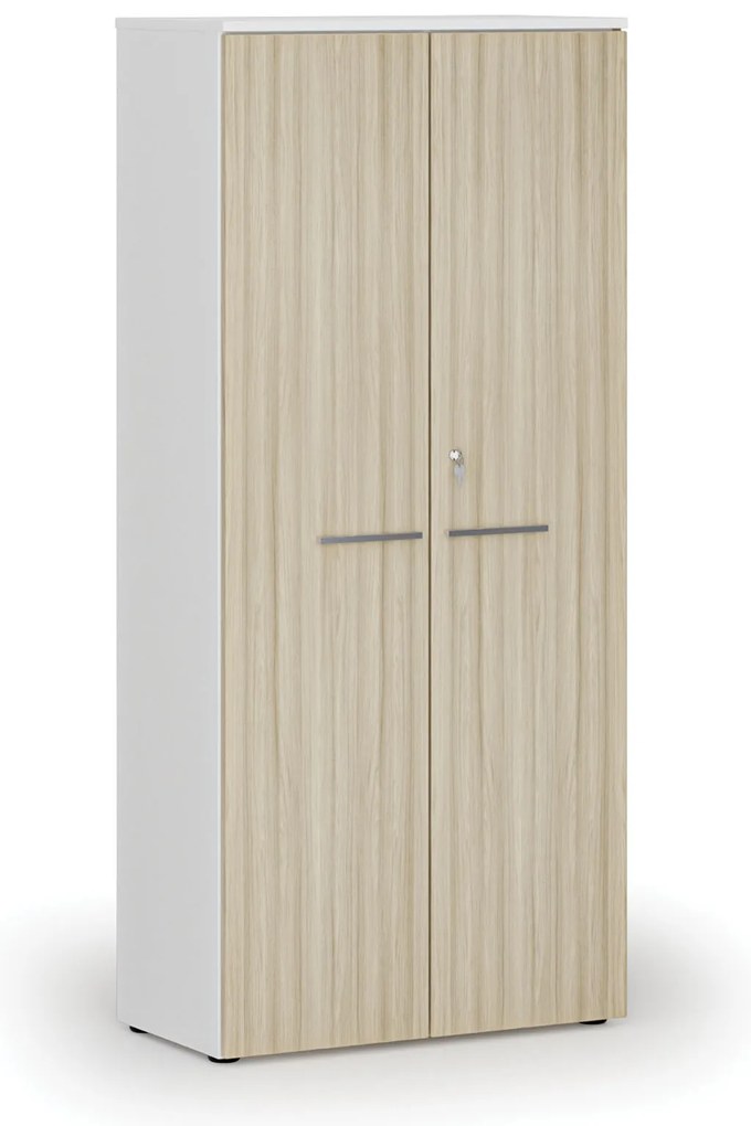 Szafa biurowa z drzwiami PRIMO WHITE, 800 x 420 x 1781 mm, biały/dąb naturalny