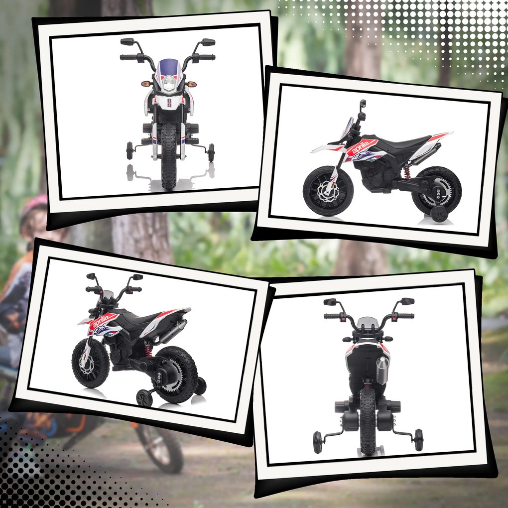 AIYAPLAY 12V Motocykl dla dzieci z kółkami bocznymi, LED, Muzyką, USB, Elektryczny motocykl dla chłopców i dziewcząt, Biały