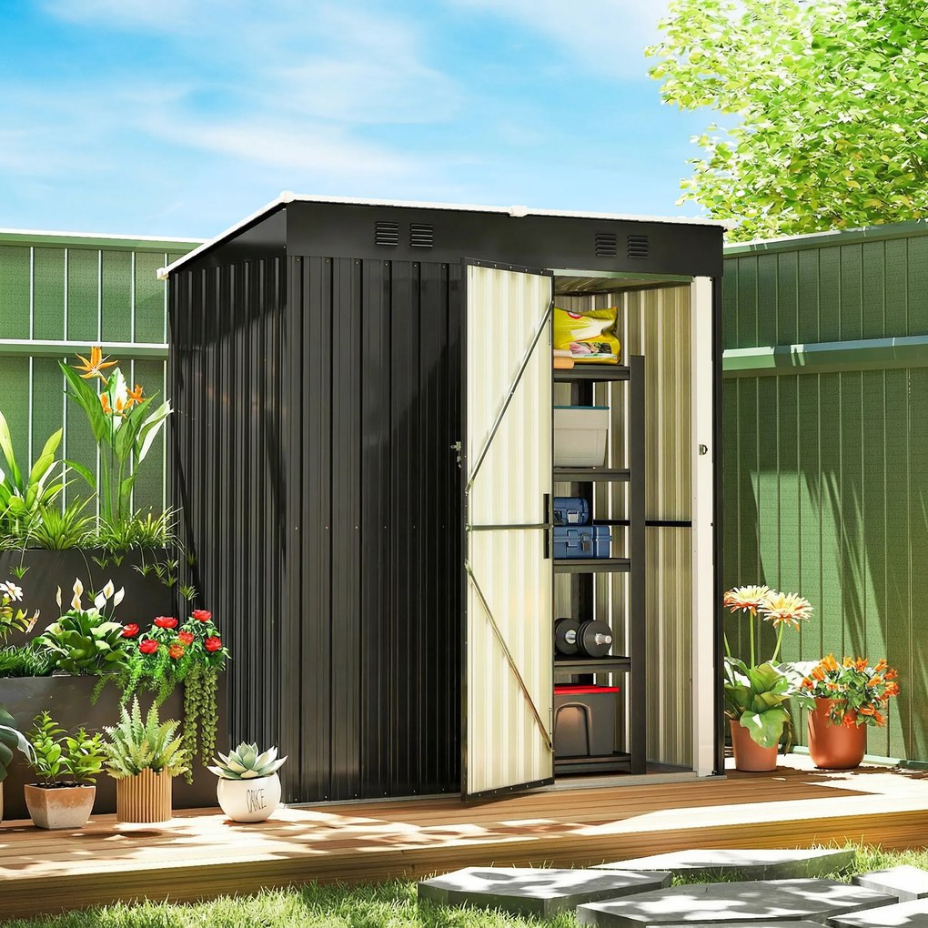 Outsunny Metalowy schowek na narzędzia 1,37 m², zamykany schowek z wentylacją, pochyłym dachem, rękawicami, 163 x 90 x 179 cm | Aosom PL