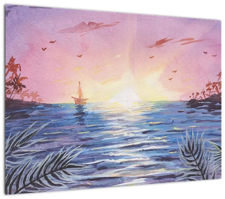 Obraz na szkle - Zachód słońca nad wodą, akwarela (70x50 cm)