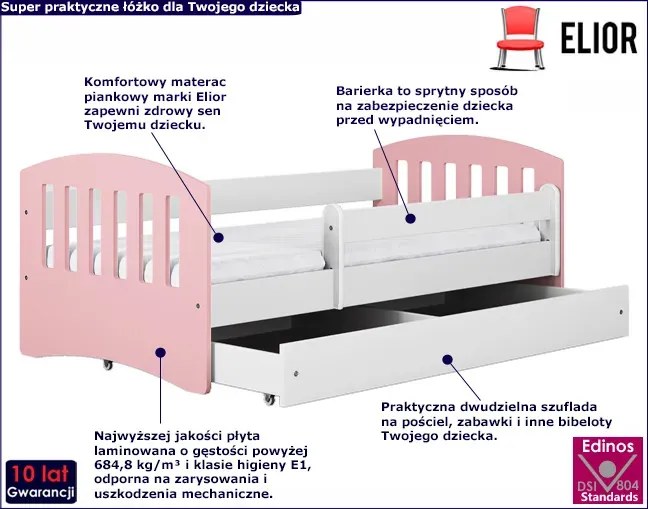 Łóżko dziecięce z szufladą pudrowy róż 80x160 Cortez 17X