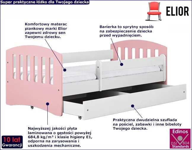 Łóżko dziecięce z szufladą pudrowy róż 80x160 N9-E16