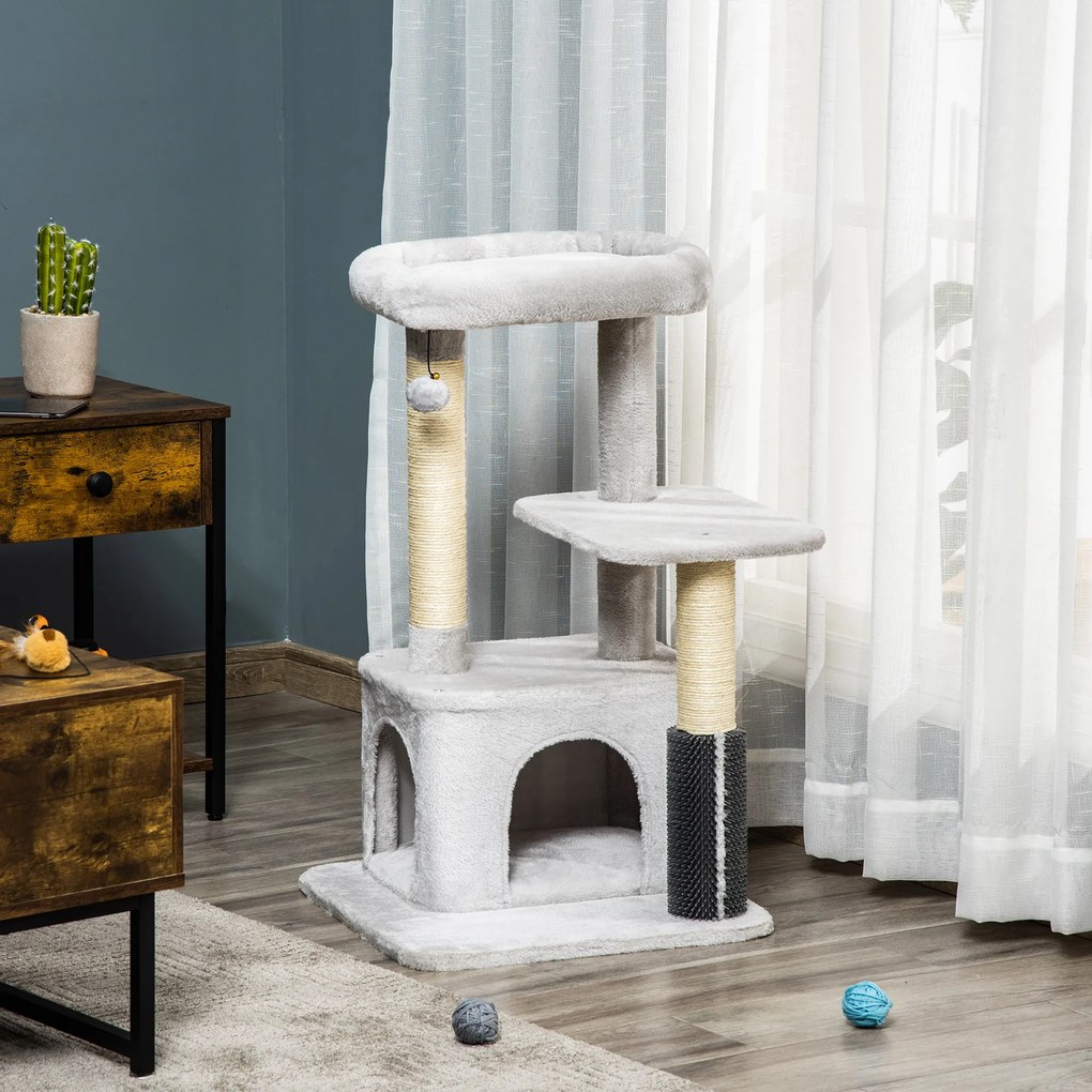 PawHut Drapak dla Kotów z Kącikiem do Masażu Jaskinią i Piłką Jasnoszary 48x48x80cm Kompleksowa Zabawa dla Twojego Kota | Aosom PL